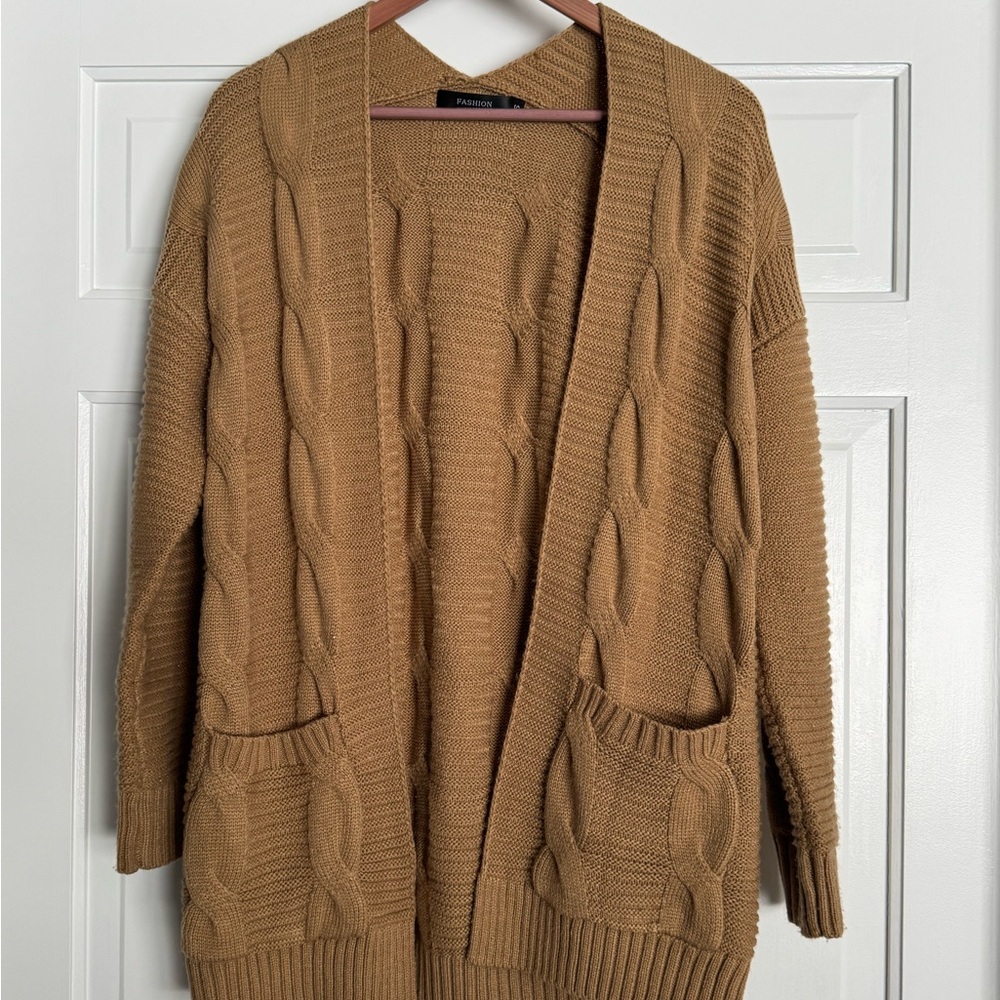 Tan Cable Knit Cardigan Sweater